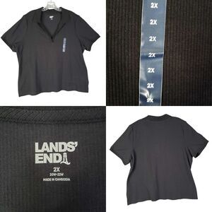 Lands End Shirt Womens Plus Size 2X Polo Ribbed Short Sleeve Black Stretch New